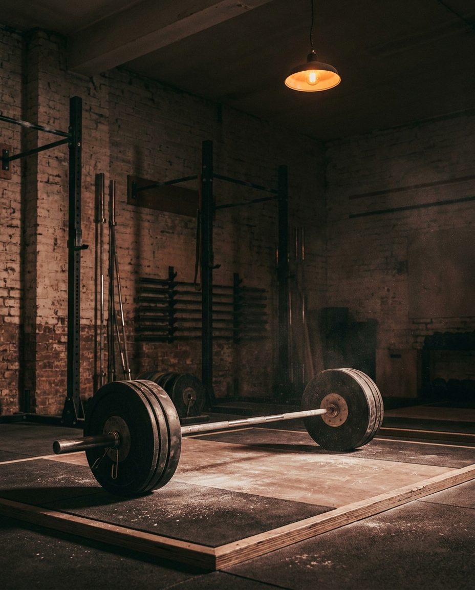 Bilanciere olimpico carico con bumper plates in una palestra minimalista