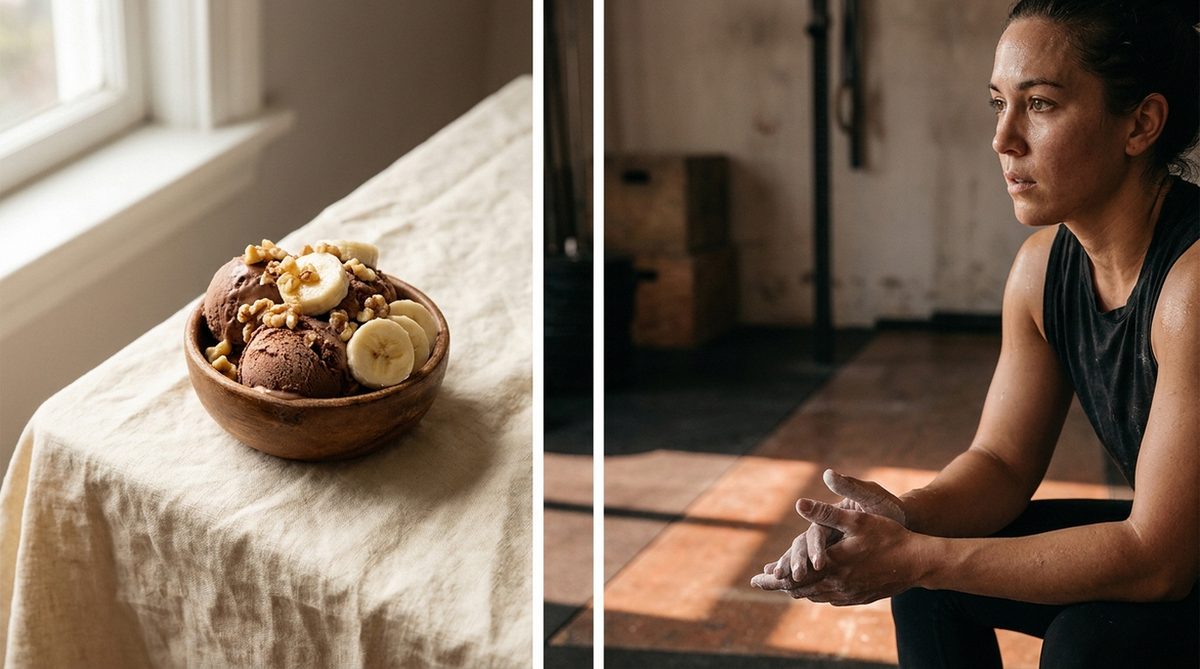 Gelato proteico al cioccolato, banana e noci